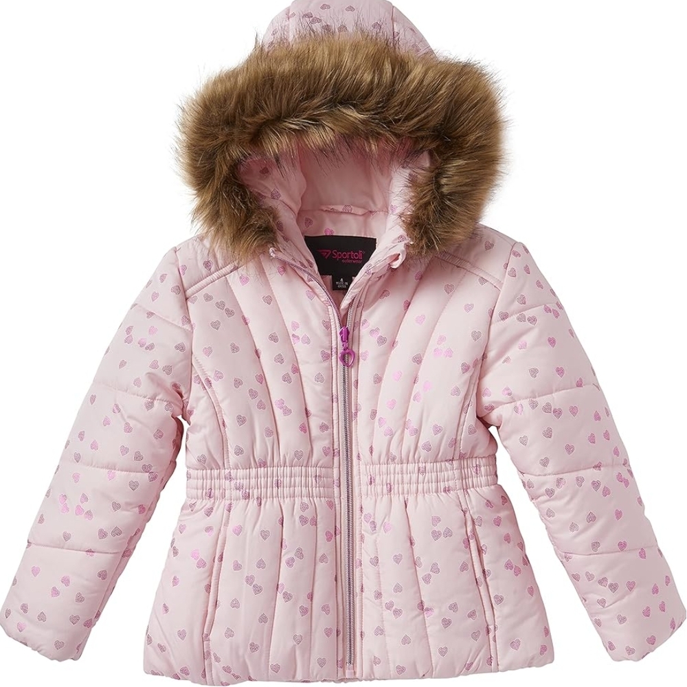 NWT S. Rothschild & Co. Size 4 Girls Pink Foil Heart Puffer Coat Faux Fur Hood